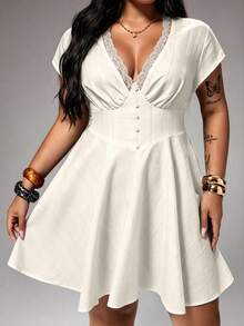 Rustia Plus Size Summer Women Outfit Spring Vacation Elegant New French Sweet Cute Hollow Texture Fabric Lace Trim Puff Sleeve V-Neck Dress Date Night Formal - Apricot - View 4