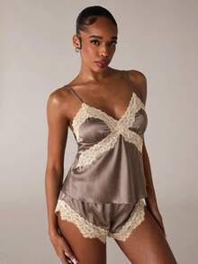 SHEIN BAE Women's Contrast Color Lace Patchwork Camisole & Shorts Pajama Set - Brown - View 5