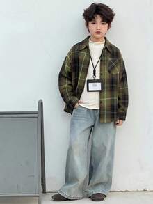 Dazy Kids Loose Plaid Long Sleeve Casual Autumn Turn Collar Shirt For Tween Boy - Army Green - View 1
