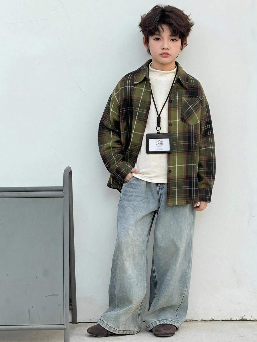 Dazy Kids Loose Plaid Long Sleeve Casual Autumn Turn Collar Shirt For Tween Boy - Army Green - View 1