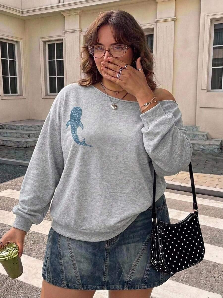 SHEIN CURVE+ 大尺碼女款休閒極簡不對稱肩印花圖案衛衣,舒適保暖,適合秋冬穿著 - 灰色 - 查看 1