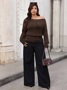 SHEIN Clasi Plus Size Women's Pullover Sweater Winter Elegant Asymmetrical Shoulder Cinched Cinched Waist Metal Button Decor - Coffee Brown - View 3