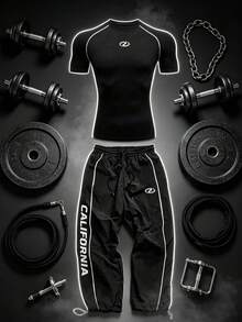 Gym Rark Men's Geometric Print Raglan Short Sleeve T-Shirt And Drawstring Waist Long Pants Sports Set - Black - View 1