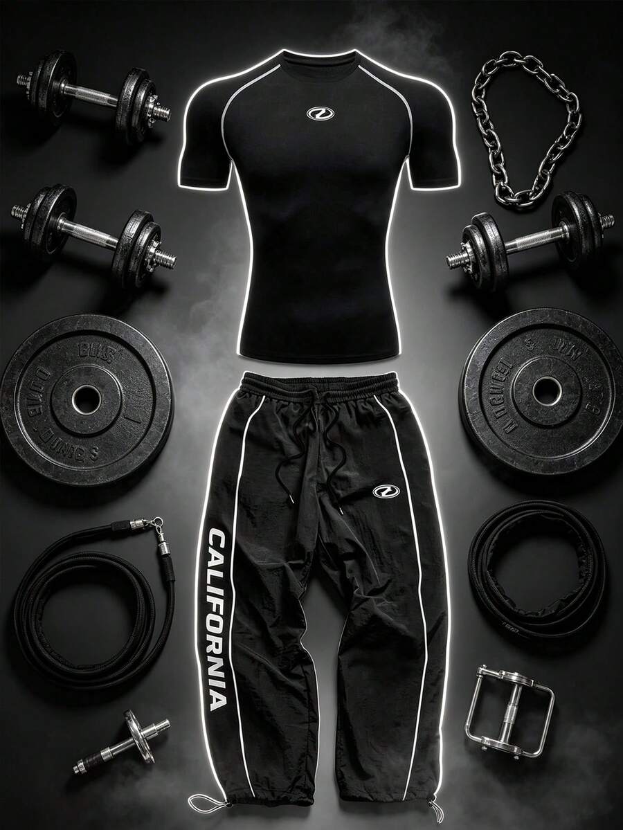 Gym Rark Men's Geometric Print Raglan Short Sleeve T-Shirt And Drawstring Waist Long Pants Sports Set - Black - View 1