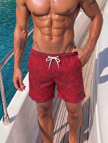 Manfinity Swimmode 男士時尚休閒全印花沙灘短褲 - 酒紅色 - 查看 4