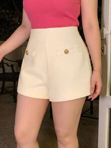 Dazy Plus Semi-Elastic Waist Elegant Fitted White Versatile Spring/Autumn Thick Shorts - Apricot - View 2
