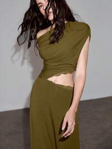 MOTF PREMIUM GAUN SATU BAHU BERLUBANG DENGAN PINGGANG YANG MENYEMPITKAN UNTUK MUSIM SEMI DAN PANAS - Olive Green - View 3