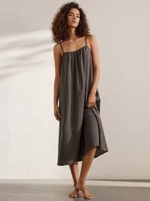 Ocili Comfortable Natural Linen Striped Loose Patchwork Spaghetti Strap Nightgown Women's Loungewear Dress - Coffee Brown - View 2