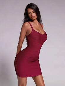 Nuvra Bandage Fabric Waist-Cinching Sexy Fashion Elegant Party Night Out Club Dress Burgundy Red Summer - Burgundy - View 9