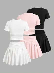 SHEIN Tween Girl 3 Pieces Set Multi-Color Black White Pink Short Sleeve Skirt Outfit - Multicolor - View 2