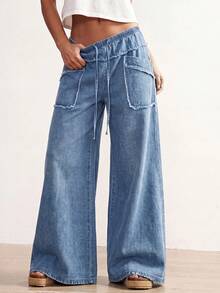 Bohemela Plus Size Women's Drawstring Waist Pocket Casual Normal Daily Wear Denim Jeans Brunch Dates Light Blue Summer - Light Wash - View 6