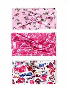 Mean Girls | SHEIN 3件組對比色塗鴉印花扭繩髮箍，個性休閒布料髮帶 - 彩色 - 查看 4