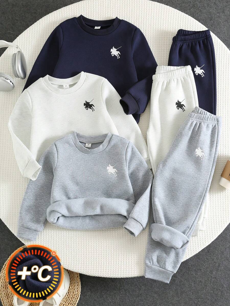 SHEIN 兒童小男孩 Pony Logo 圓領長袖套頭運動衫+鬆緊腰長褲 6件套 - 彩色 - 查看 1