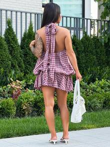 SAYEHFBABY Women's Summer Fashion Plaid Ruffle Hem Halter Backless Mini Dress Checkered Dress Backless Sundress Backless Summer Dress Picnic Dresses Elegant - Burgundy - View 2