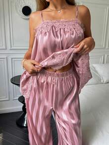 Livesso Set Pakaian Tidur Wanita Musim Panas 2pcs/Set Atasan Camisole Bergaris Patchwork Renda & Celana Panjang Piyama Lurus - Berwarna merah muda - View 4