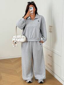 SHEIN EZwear Plus Size Women's Equestrian Pattern Long Sleeve Top And Pants Casual Daily Outfit Fall - Grey - View 4