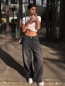 SHEIN EZwear 女款寬腿毛絨復古寬鬆休閒牛仔褲，萬聖節秋季休閒牛仔女郎牛仔褲，返校季 - 黑色 - 查看 7