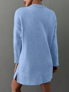 EURMUSE Cable Knit Split Hem Drop Shoulder Sweater Dress Without Belt - Baby Blue - View 2
