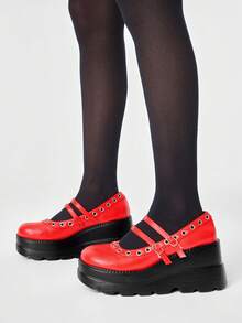 ROMWE Women's Red Multi-Pocket Punk Gothic Mary Jane Shoes, JK Style Leather Thick Sole Loafers Fall Shoes - Red matte - View 3