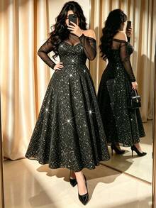 Allurite Plus Size Spring/Autumn Elegant Mesh Patchwork Glamorous Glitter Asymmetric Neck Cinched Waist Long A-Line Dress - Black - View 3