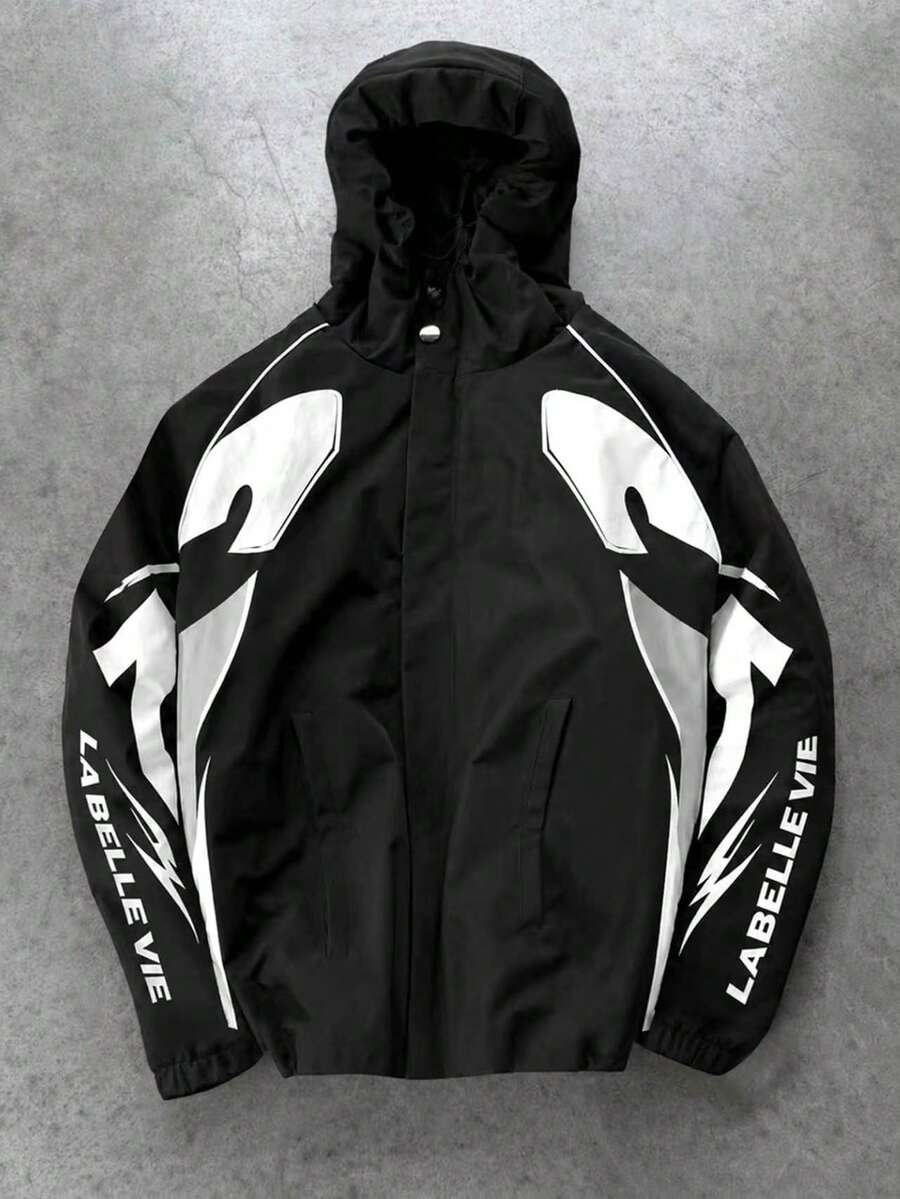 PAVTROS Jaket Berkerudung Patchwork Techwear Hitam & Putih, Desain Street Sports, Jaket Kasual Multifungsi untuk Pria - Hitam - View 1