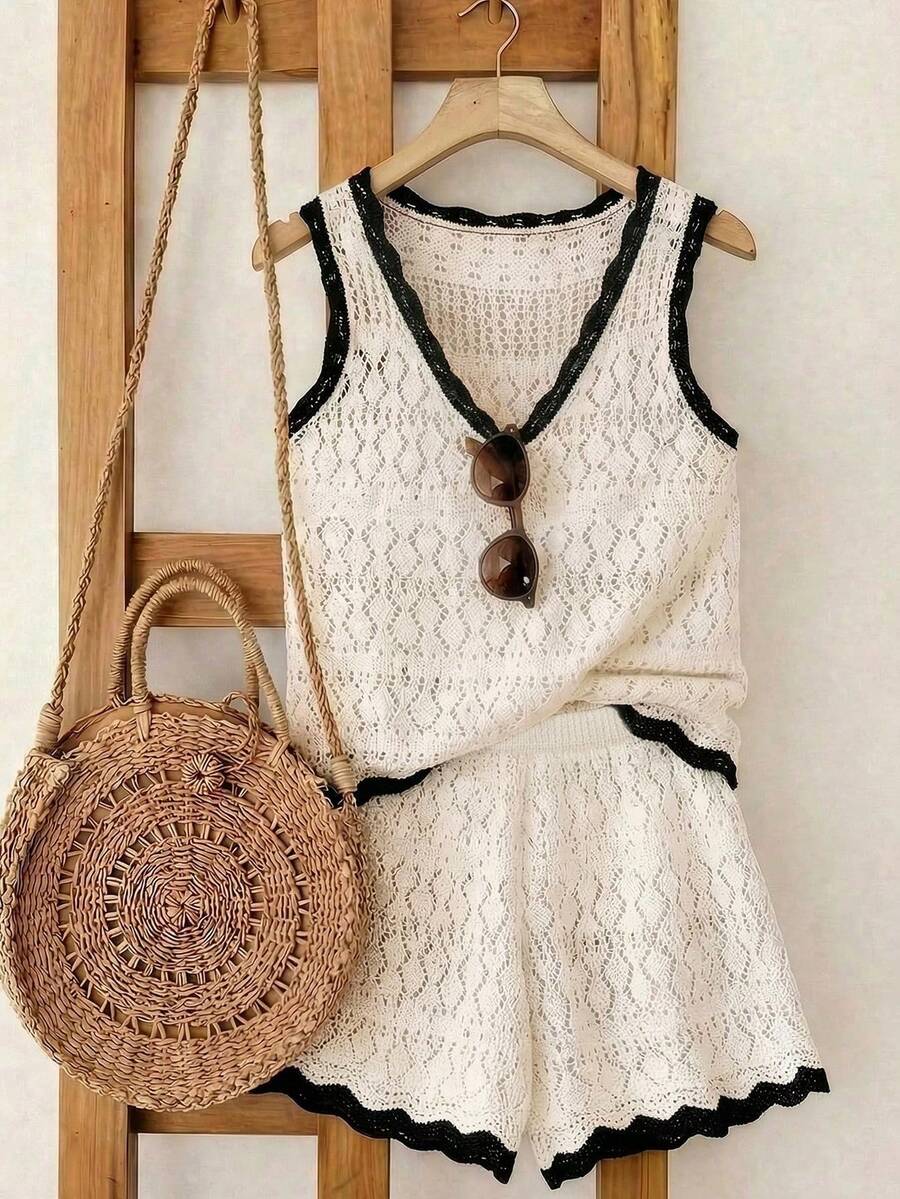 SHEIN Franclia 新款简约夏日度假风优雅镂空波浪领性感吊带背心修身显瘦沙滩度假撞色无袖针织女式毛衣两件套