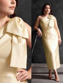 MOTF PREMIUM PLUS SIZE WOMEN'S SPRING/SUMMER BOW ONE-SHOULDER PARTY DRESS - Yellow - View 7