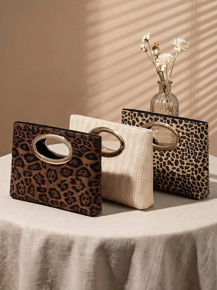 Cirelle 1Pc/2Pcs Portable PU Leather Hand Clutch Equipped With Shiny Metal Hardware. Retro Leopard And Minimalist Woven Designs Are Selectable. Large Capacity Holds Personal Essentials, Perfect For Multiple Occasions As A Refined Festival Gift For Females. - Multicolor - View 1