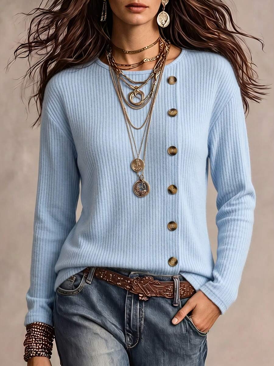 SHEIN Holidaya Light Blue Vertical Ribbed Diagonal Wooden Button Textured Top, Soft Style Solid Color Round Neck Long Sleeve Base Layer T-Shirt, Casual Autumn/Winter Outing Wear - Blue - View 1