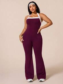 SHEIN Rhythm Era Women's Plus Size Sports Yoga Outdoor Gym One-Piece Jumpsuit Strapless Camisole Spaghetti Strap Contrast Color Straps Spaghetti Strap Style Leggings Flare Pants Tight Fit - Red Violet - View 5