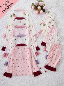 SHEIN Vintaside Kids 1件隨機款 5款可選 青少年女孩長袖單排扣上衣與長褲居家服套裝 - 彩色 - 查看 2