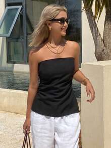 Livesso Petite Kaos Wanita Tanpa Tali, Warna Polos, Minimalis, Potongan Slim Fit, Cocok untuk Liburan - Hitam - View 3