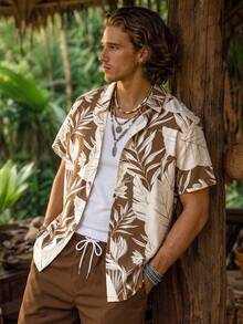 Alderstead Plus Size Men's Tropical Plant Print Short Sleeve Shirt And Shorts Beach Outfit, Holiday - Multicolor - View 5
