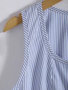 Teen Girls Casual Commute Fashion Elegant Square Neck Sleeveless Button Front Striped Pattern Versatile Spring Summer Blouse Shirt - Blue - View 7