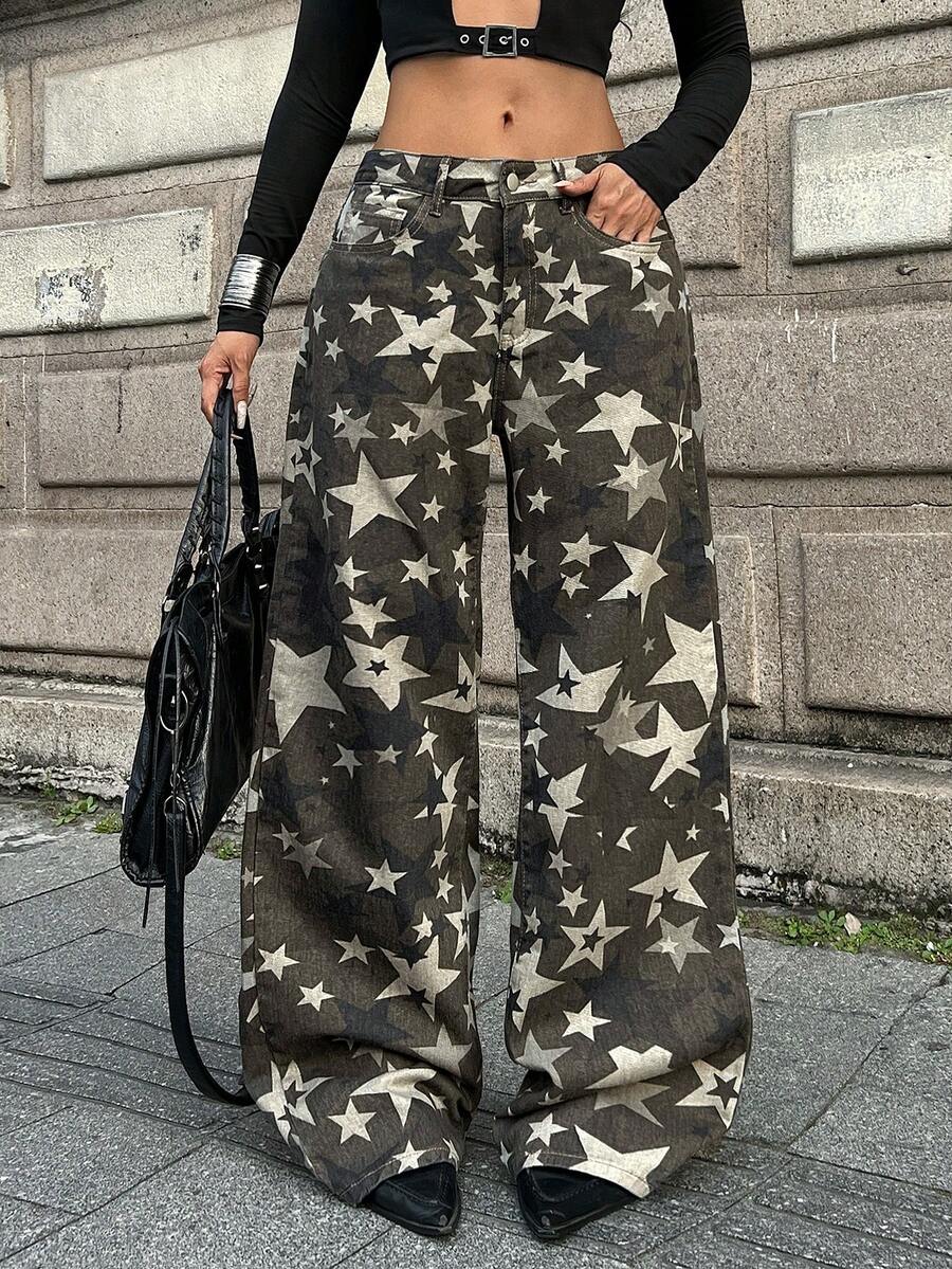 Jeanoix Women's Casual Y2k Streetwear Daily Denim Jeans With Pocket And Button All-Over Print Everyday Day Time Khaki Green Summer Halloween - Multicolor - View 1