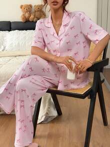 Napfluff Women's Bow Print Button-Down Lapel Shirt Style Short Sleeve Pajama Set - Pink - View 4