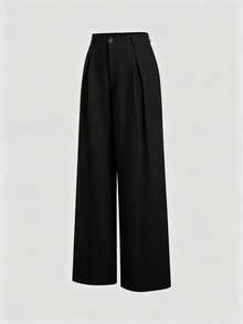 Sweetra Women's New Fashion Versatile Retro Elegant Textured Faux Linen Pleated Wide Leg Long Pants - Black - View 3