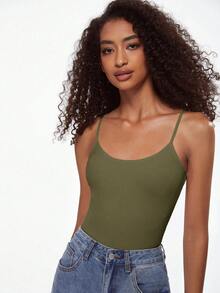 SHEIN BASICS 1件女款純色修身休閒細肩帶背心上衣 白色上衣 - 軍綠色 - 查看 3