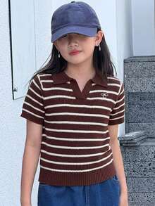 Dazy Kids Tween Girl Striped Patchwork Bow Pattern Casual Everyday Knit Top - Brown - View 5