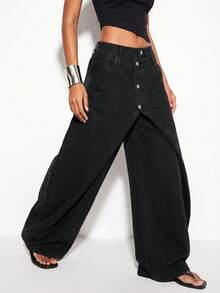 Normani Women's Double Waistband Pocket Wide Leg Loose Casual Denim Jeans - Black - View 4