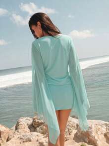 Opulessa 女款純色垂領長袖性感時尚迷你洋裝 - 綠色 - 查看 2