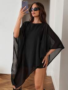 SHEIN ICON Women's Solid Color Mesh Patchwork Casual Daily Wear Romper - Black - View 7