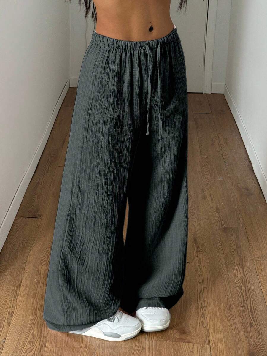 StreetHx Petite Women's Summer Textured Fabric Straight Leg Pants - Flint Stone - View 1