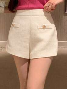 Dazy Plus Semi-Elastic Waist Elegant Fitted White Versatile Spring/Autumn Thick Shorts - Apricot - View 1