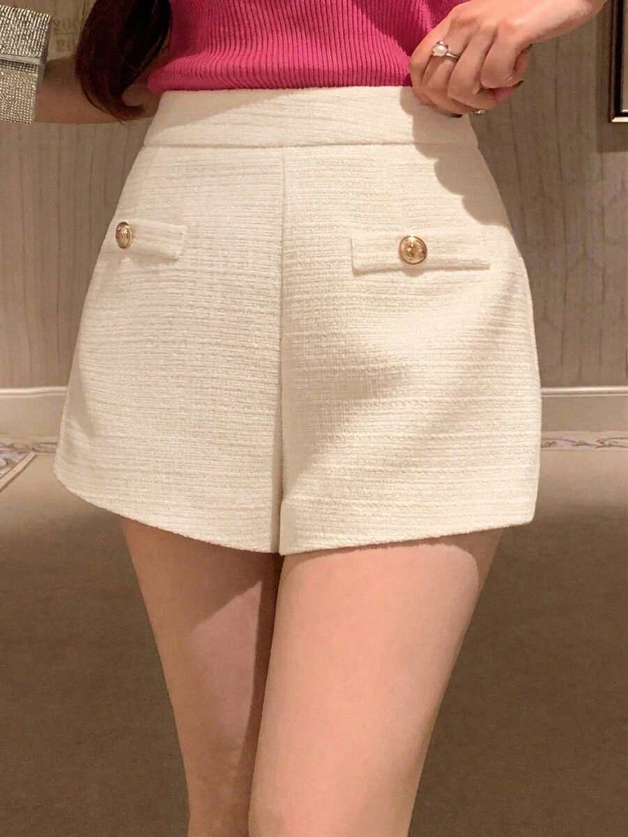 Dazy Plus Semi-Elastic Waist Elegant Fitted White Versatile Spring/Autumn Thick Shorts - Apricot - View 1