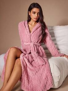 Lazeform Women's Autumn/Winter Flannel Long Hooded Robe, Sweet & Cute Loungewear - Pink - View 3