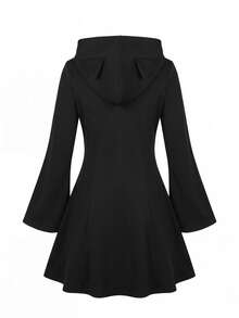 SHEIN LUNE CURVE Plus-Size Autumn And Winter Halloween Dark Series Three-Dimensional Ears Hooded Knitted Elastic Flared Long Sleeve Dress - Black - View 2
