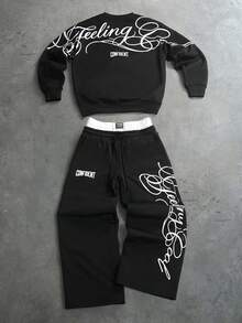 PAVTROS Men's Letter Print Sweatshirt & Sweatpants Set - Black - View 4