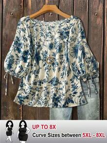 SHEIN CURVE+ Plus Size Floral Print Lantern Sleeve Casual Shirt - Blue - View 1