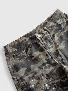 ROMWE MEN Men's Washed Loose Casual Beaded Camouflage Bermuda Shorts - Army Green - View 3